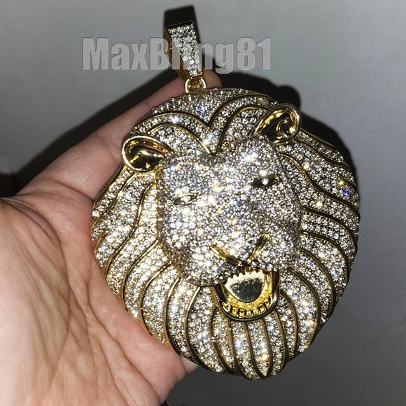 HIP HOP JEWELRY ICED LAB DIAMOND JUMBO SIZE LION HEAD BLING RAPPER CHARM PENDANT - Picture 1 of 4